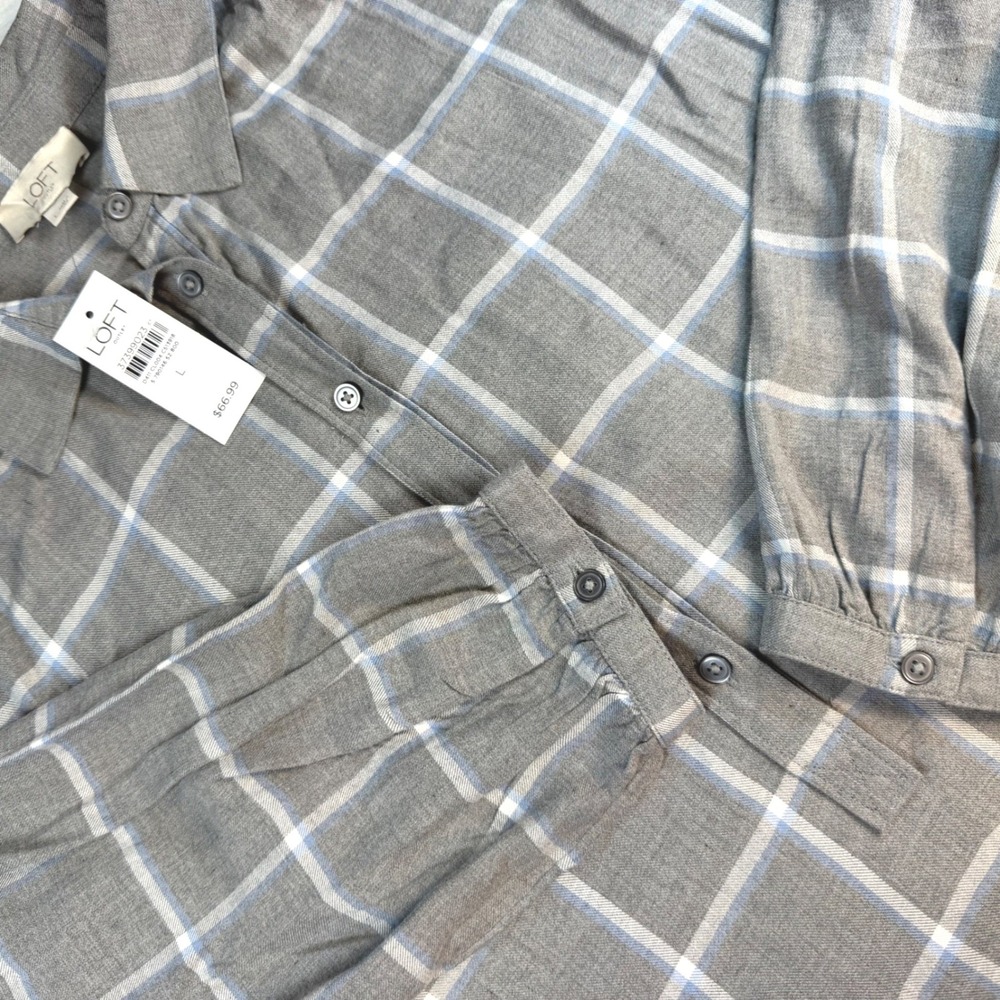Loft Outlet Button Down Shirt Womens L Gray Blue Plaid Long Sleeve NWT
